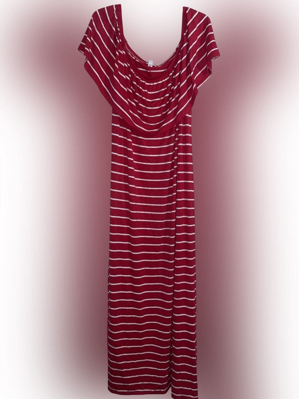 Westport 1X Red & White Striped Maxi Dress On Off Shoulder Ruffle Neckline Beach